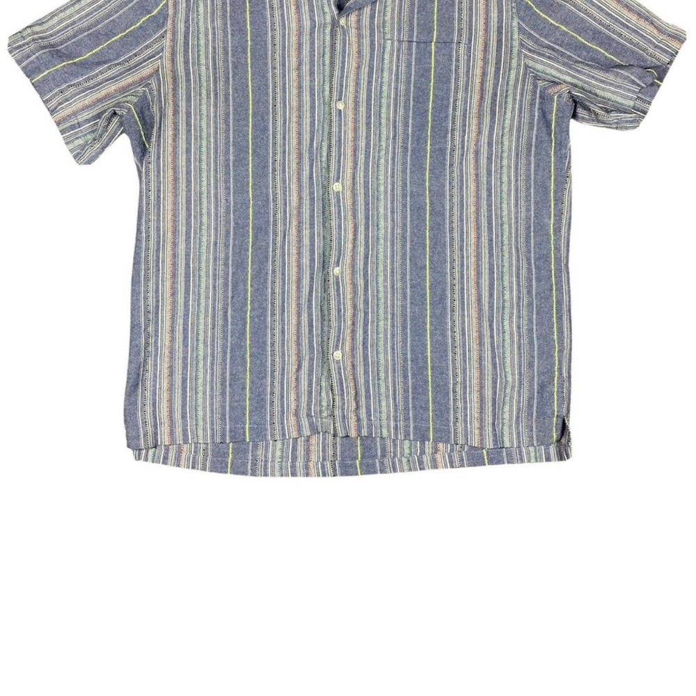 Without Walls Blue Stripe Short Sleeve Canvas Button Up Shirt Pocket Men's XL